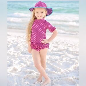 RuffleButts Girls Rash Guard Short Sleeve Pink Polka Dots Swimsuit Set Size 6